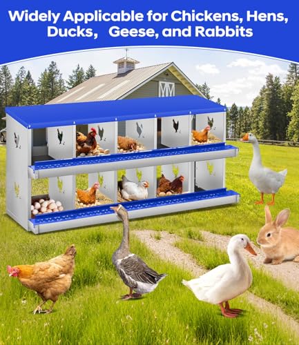 10 Compartment Chicken Nesting Box, Heavy Duty Metal Laying Box with Perch, Easy Assembly & Easy Clean for Outdoor Chicken Coop, Blue - color: Blue, size: 10 Compartment