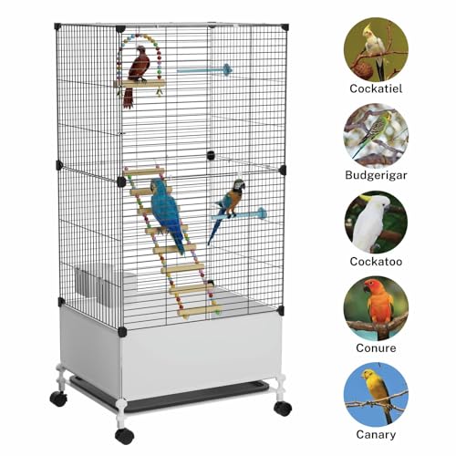 STILLCOVE Large Flight Bird Cage, with Bowls & Perches & Ladder & Swing | with Removable Tray, Universal Wheels, Wide Birdcage for Parakeet, Parrot, Cockatiel, Conure, Budgie, Canary, Finch, Lovebird - size: 14.2"L x 18.5"W x 39.4"H