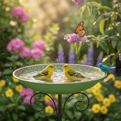 Metal Bird Bath for Outdoor,10" Wide Birdfeeder with Metal Stake | Vintage Bird Baths Feeder Bowl for Outdoors Garden Patio Yard Lawn Decor (Green) - color: Green-1