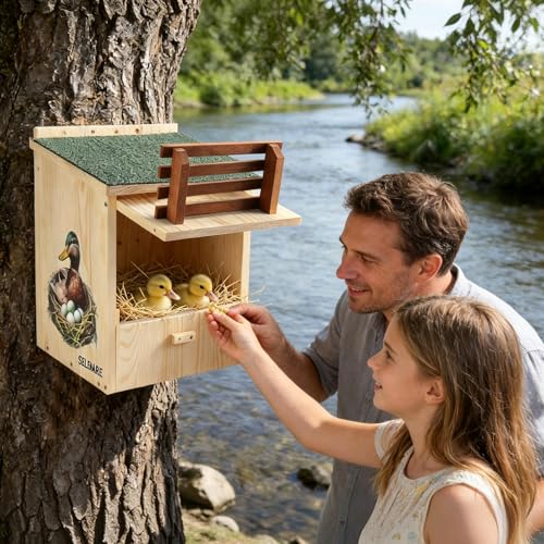 Large Wood Duck House – Weatherproof Roof, Duck Perch Platform | Duck nesting box for yards, ponds, wetlands. Predator-proof entrance, duckling ladder, easy-clean. Fits trees, posts, walls.
