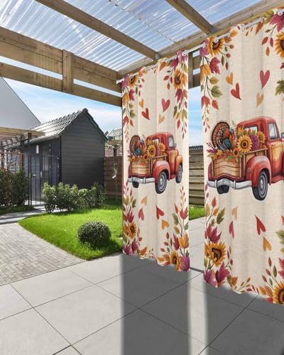Outdoor Curtain for Patio, Fall Red Truck Waterproof Blackout Curtain for Porch/Pergola, Thanksgiving Sunflower Turkey Maple Leaf Linen Thermal Insulated Drapes for Cabana, 1 Panel, 54 x 108 Inch - size: 54"W x 108"L (Pack of 1)