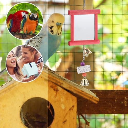 Yardwe Bird Cage Toys 2Pcs Hanging Mirror Toys with Bells and Pecking Blocks for Parrots Chickens Roosters Interactive Chew Toys for Bird Cage