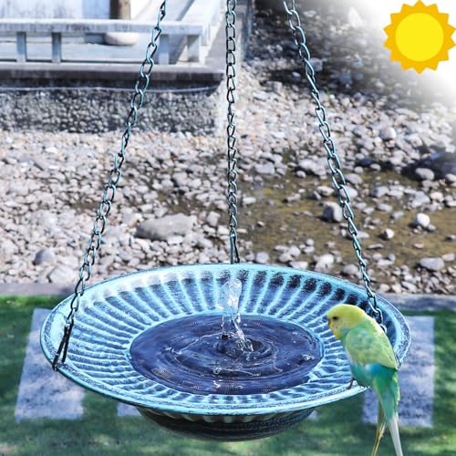 12" Hanging Solar Bird Bath, Metal Solar Bird Bath Fountain (Blue) | Hanging Bird Bath with Solar Fountain, Bird Bath Bubbler or Outdoors Garden, Patio & Yard. - color: B-blue and Black