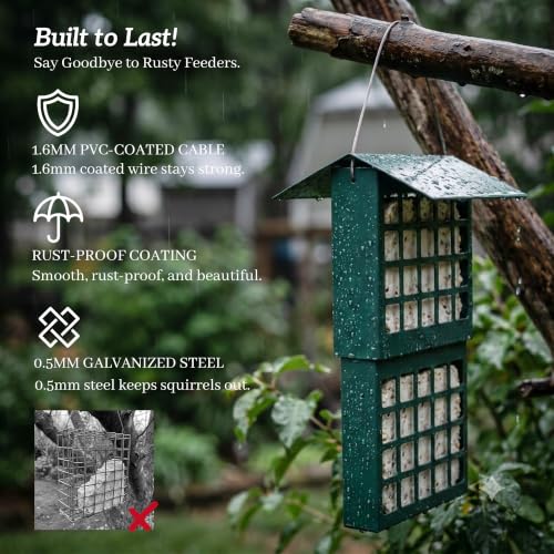 Solution4Patio Suet Bird Feeder for Outdoors, All Metal Bird Feeder for Wild Birds, Heavy Duty Galvanized Steel Hanging Feeder with Slide-Top Roof, Weather Resistant, Holds 2 Suet Cakes (Green) - color: Green