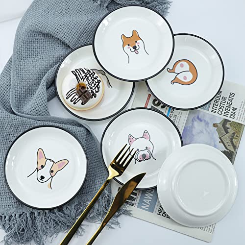 Funny Dogs Head and Butt Pattern Ceramic Sauce Dishes, Seasoning Dishes, Sushi Soy Dipping Bowls, Appetizer Plates, Dessert Plates, Little Cat Bird Feeding Bowls, Set of 6-Dogs-5 Inch - color: Dogs, size: 5 Inch
