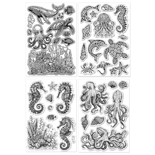 CHGCRAFT 4 Pcs Ocean Theme Pattern Clear Stamps Turtle and Octopus Silicone Stamp Seal for DIY Scrapbooking and Card Making Paper Craft Decor 6.3 × 4.3 Inch - style: Ocean Theme