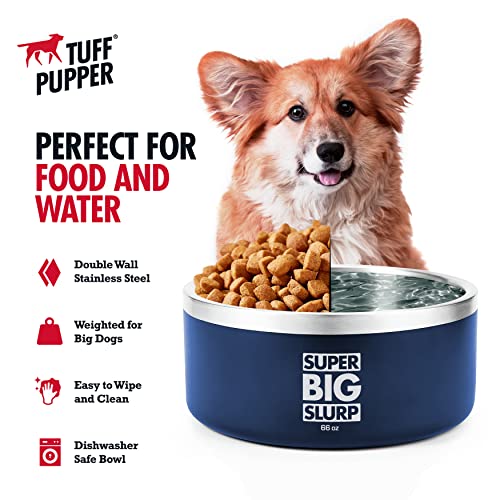 Tuff Pupper Heavy Duty Insulated Dog Bowl | Double Wall Stainless Steel Dog Food Dish | Non-Slip Spill Proof Dishwasher Safe Cat Bowl | Water Dish for Feeding Large Medium Small Pets (66oz, Blue) - color: Midnight Blue, size: 66oz