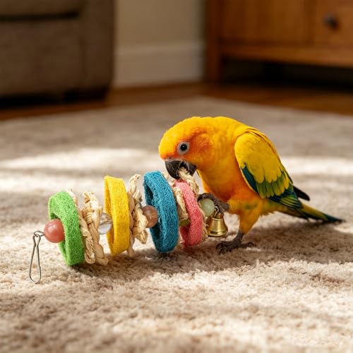 Hypeety Pet Bird Parrot Swing Chewing Toy Natural Sepa Takraw with Happy Twist Colorful Bead Swing Bell - color: F