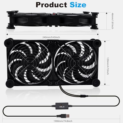 Quiet Dual 120mm Router Fan Cooler with L/M/H 3-Degree Speed Controller, DC 5V USB Powered Cooling Case Fan for Router Modem Receiver DVR PlayStation TV Box - size: Dual 120mm