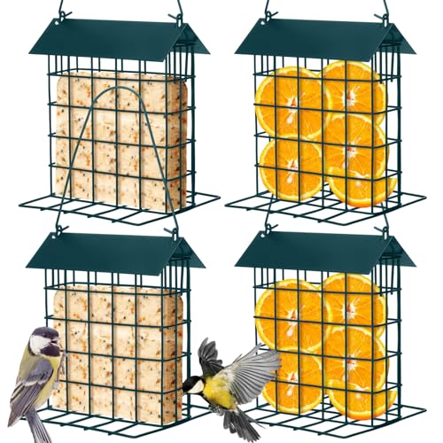 Nuogo 4 Pcs Wild Bird Feeder Squirrel Proof Outdoor Hanging Suet Holder with Metal Roof and Platform Outside Cake Suet Feeder Rainproof Cage for Oriole Hummingbird Chickadee Nuthatch(Dark Green)