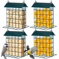 Nuogo 4 Pcs Wild Bird Feeder Squirrel Proof Outdoor Hanging Suet Holder with Metal Roof and Platform Outside Cake Suet Feeder Rainproof Cage for Oriole Hummingbird Chickadee Nuthatch(Dark Green)
