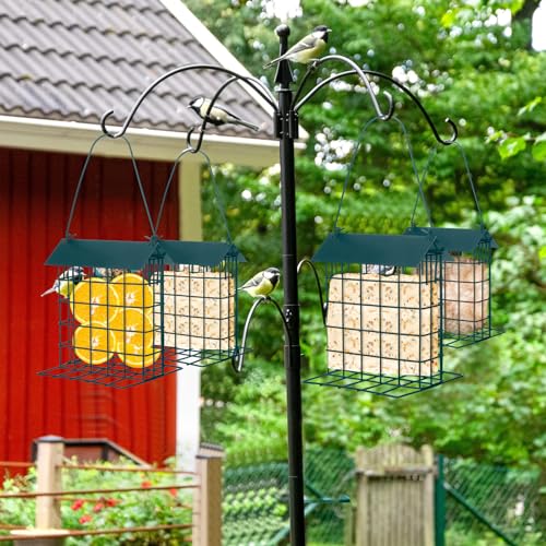 Nuogo 4 Pcs Wild Bird Feeder Squirrel Proof Outdoor Hanging Suet Holder with Metal Roof and Platform Outside Cake Suet Feeder Rainproof Cage for Oriole Hummingbird Chickadee Nuthatch(Dark Green)