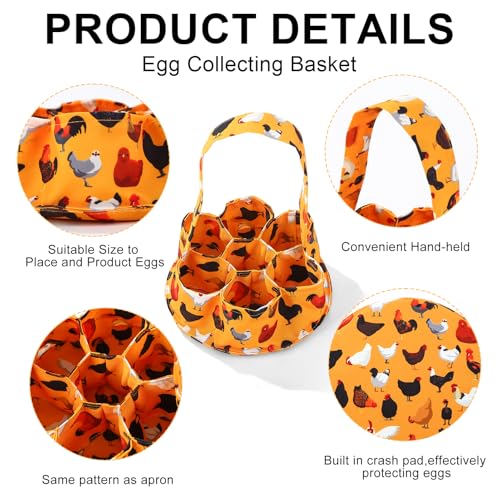 Egg Collecting Apron and Basket, 12 Pouches Chicken Egg Apron, 7 Pouches Chicken Eggs Basket, Collector Chicken Eggs - color: Yellow Black Chicken, Half-body