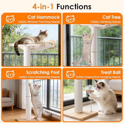 Keaber 44in Cat Scratching Post with Window Perch, Sisal Rope and Cozy Pad | Adjustable Scratching Post for Large Cats, for Climbing Bird Watching Sleeping, Spring Feeding Toy, Washable Cushion