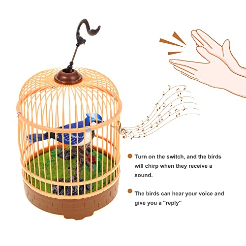 PowerTRC Singing & Chirping Bird in Cage, Realistic Sounds & Movements, Sound Activated, Battery Operated, Great Desk and Room Accessory, Pet Caged Bird Toy (10” x 7”) - color: #1 Blue & White