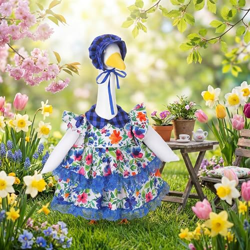 Abbylike Summer Porch Goose Outfits Flower Lolita Dress with Hat Floral Lawn Goose Clothes Fits Large 23'' Cement Statue for Summer Outdoor Garden Yard Patio Pathway Art Decorations - style: Vivid Spring
