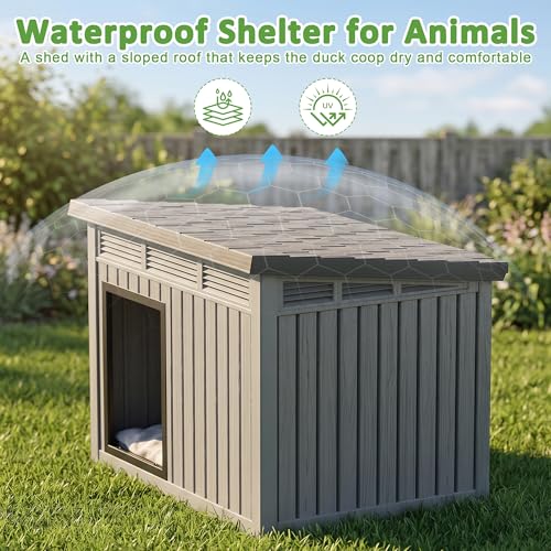VIXZEN Outdoor Duck/Chicken House, Gray | Resin PP Material, Wood Grain Finish Sloped Roof, Gas Strut Top Opening Ventilated, Spacious Interior & Easy Assembly - color: Grey, size: 32.2"L x 25.1"W x 24.1"H