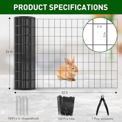 Black PVC Coated Welded Wire Fence 24 in x 50 Ft for Yard Plant Protection | 2 x 3 Inch 16GA Garden Border Fencing Roll Metal Wire Mesh Animal Barrier Fence for Dog Poultry Netting - size: 24in x 50ft