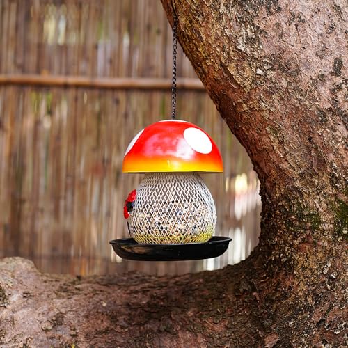 Mushroom & Ladybug Metal Bird Feeder - 16" Hanging Wild Bird Feeder with Decorative Accents, Large Capacity Outdoor Birdfeeder for Cardinals and Songbirds, Perfect Garden Gift