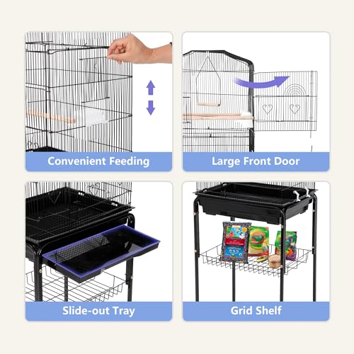 ZENY 63.4 Inch Bird Cage, Rolling Wrought Iron Parrot Cage | with Side-out Tray, Storage Shelf, Pet Bird House for Parrot Cockatiel Cockatoo Parakeet Macaw Finches