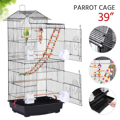 Yaheetech 39" Roof Top Flight Cage with Toys, Wrought Iron Bird Cage for Cockatiels, Conures, Lovebirds, Budgies & Small Birds - color: Black
