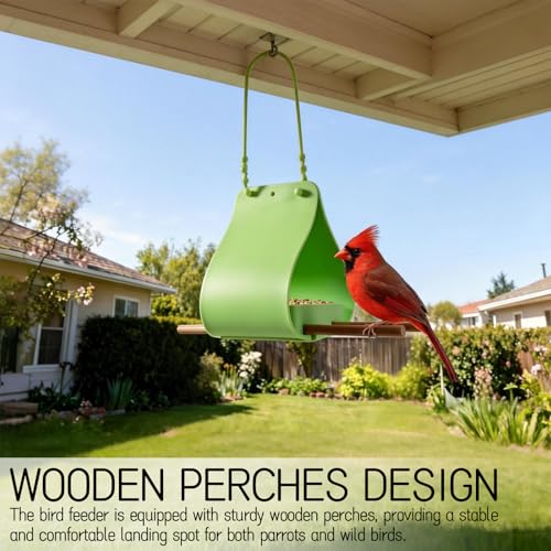 Hanging Bird Feeder with Wooden Perches, No Mess Silicone Feeding, Adjustable Strap for Parrots and Wild Birds, for Garden, Patio, and Balcony Decor (Blue) - color: Blue