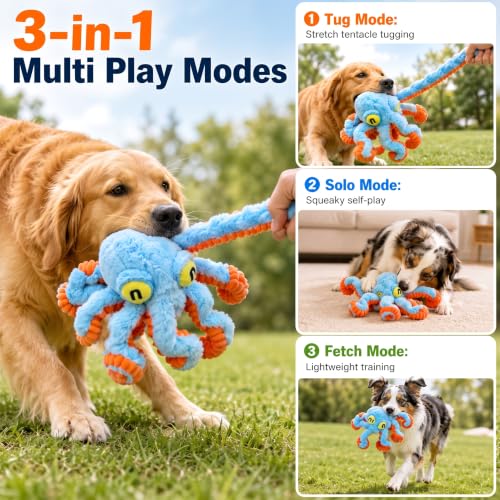 Squeaky Dog Plush Chew Toy, Interactive Tug Squeaky Toy for Chewers, Medium & Large Dogs & Fetch Play, 19.7 Inch Stuffed Octopus Toy with Flexible Spring Tentacles for Gentle Gum Care & Boredom Relief - color: Blue (Big Octopus)