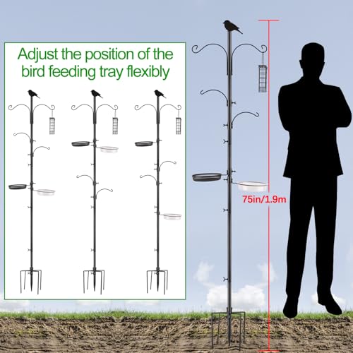 4 Hook Bird Feeding Station Kit,75in Heavy Duty Shepherd Hooks for Outdoor,Birds Feeder Stand Pole with 5 Prong Base|Metal Suet Feeder|Birds Bath|Mesh Tray,Planter Hanger