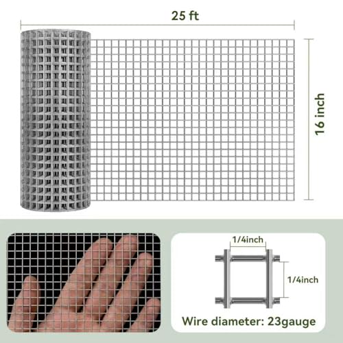 AMAGABELI GARDEN & HOME Hardware Cloth 1/4 inch 16 in x 25 ft Galvanized After Welding 23 Gauge Square Chicken Wire Fence Mesh Roll Raised Garden Bed Plant Supports Poultry Netting Cage Snake Fence - size: 1/4" 16"x25'