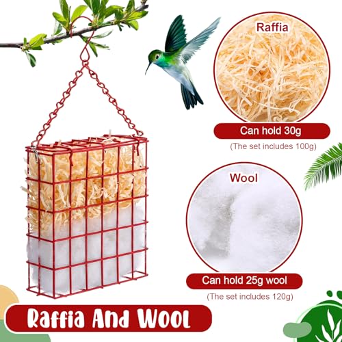 2 Set Hummingbird Nesting Material Hanging Cage Holder with Natural Cotton Raffia Gift for Bird Lover Hummingbird House Material for Wild Bird Outdoor Garden Home Resting Place (Red) - color: Red