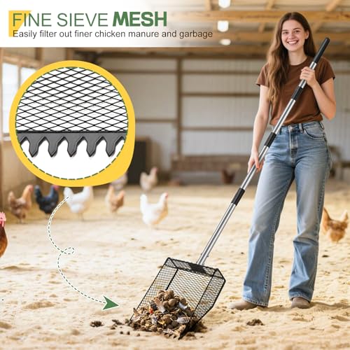 Updated Chicken Poop Scooper and Rake, 2-in-1 Chicken Poop Litter Scoop Sand Rake, Stainless Steel Handle (43–73"), Litter Scooper & Sand Sifting Shovel, Good for Chicken Coops & Farm Animals Scoop