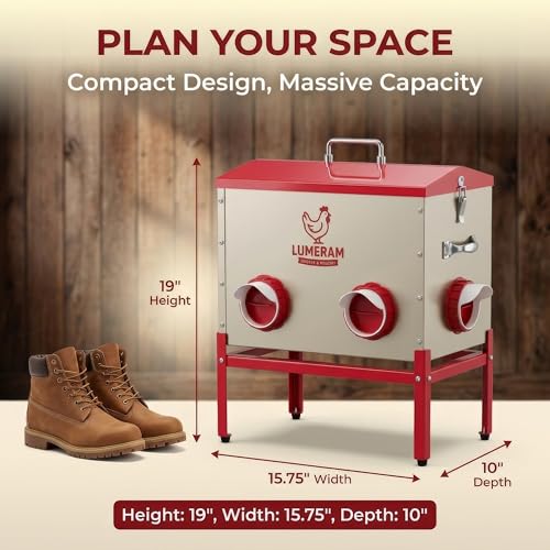30 LB Large Automatic Chicken Feeder with No-Waste Ports – Outdoor Metal Chicken Feeders with Adjustable Stand, Rodent-Resistant Design & Riveted Handles for Chickens, Ducks & Poultry