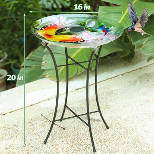 MUMTOP Outdoor Glass Bird Bath Solar Birdbath with Metal Stand Garden Decor | 20" H 16" D Garden Hummingbird Butterfly Large Glass BirdBaths Bird Feeder Bowl with Solar Light for Lawn Yard Garden Decor - color: Orange-Green