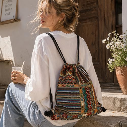 Van Caro Bohemian Drawstring Backpack Light Cinch Bag Gym Sack String Bag - color: D-bohemian