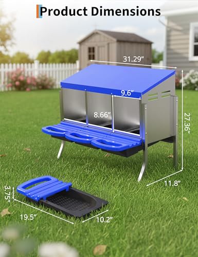 GarveeLife Chicken Nesting Box 3 Hole, Galvanized Steel Nest with Roll Away Egg Collection & Swing Perch, Easy-Clean Laying Box for Hens, Heavy Duty Design for Chicken Coop - color: Blue, size: 3 holes with legs