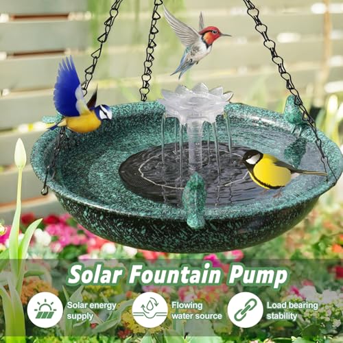 Yiabivo Hanging Bird Bath with Solar Fountain,Metal Hanging Bird Bath for Outside,Outdoor Bird Bath Bowl, for Outdoors Garden Patio Decor
