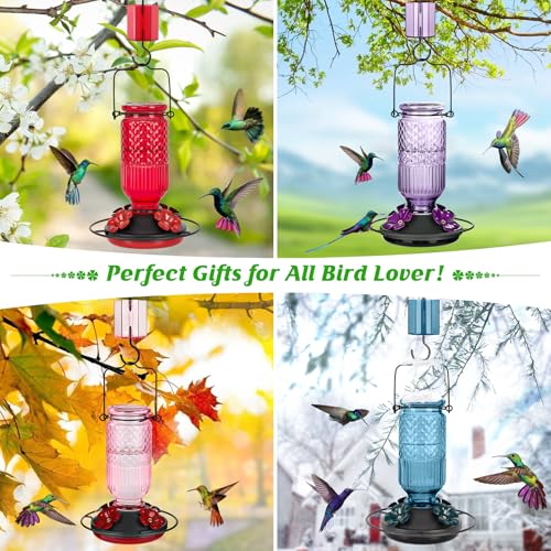 Glass Hummingbird Feeder for Outdoors Hanging, 16 oz Leak-Proof Nectar Feeder with Bee Guards & Ant Moat, 4 Metal Flower Feeding Ports, 360° Perch Ring, Easy Refill & Clean, Purple - color: Purple