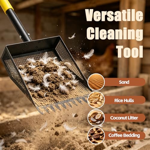 Chicken Poop Scooper & Rake, 42-84" Adjustable Chicken Scooper for Poop, Metal Sand Sifting Litter Shovel for Chicken & Goat Coop, Black