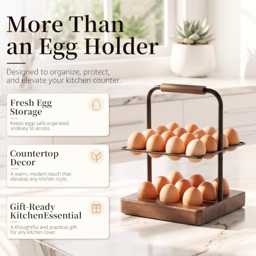 Farmhouse Wooden Egg Holder Countertop, 2-Tier Walnut Wood & Metal Egg Rack with Handles for 25 Fresh Eggs, Rustic Egg Tray Organizer for Kitchen Counter, Holds Eggs Farm Fresh Storage