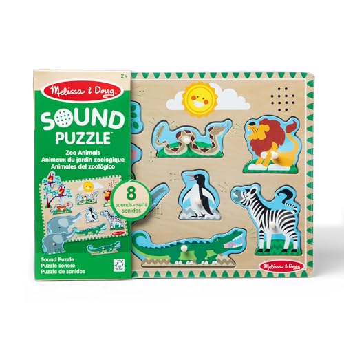 Melissa & Doug Zoo Animals Sound Puzzle – 8-Piece Wooden Peg Puzzle with Light-Activated Sounds, Music Learning Toy for Toddlers and Preschoolers Ages 2+ - size: 11.8 x 8.8 x 1.25, style: Zoo Animals