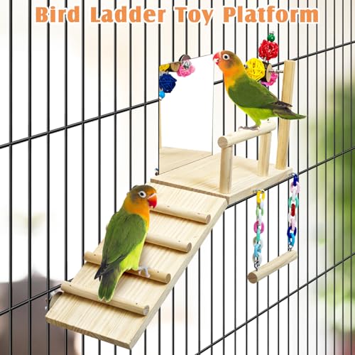 BNOSDM Bird Perch Platform with Mirror, Wooden Climbing Ladder for Parakeet, Small Bird Swing Toys with Rotating Balls Parrot Cage Accessories Budgie Playground for Cockatiel, Lovebirds, Conures - color: 5in1 Bird Perch Platform