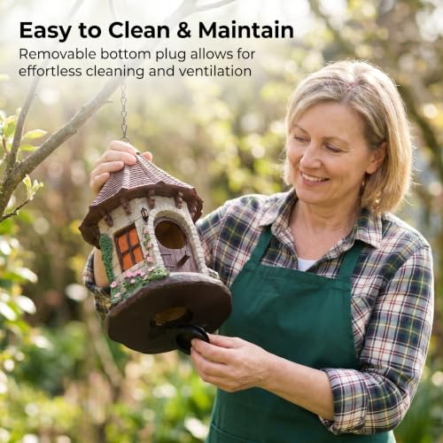 Hanging Bird House for Outside, Cone-Roof Resin Bluebird House with Hanging Chain, Waterproof & Practical Forest Bird Houses, Decorative Stone Hanging Birdhouse for Yard Garden Outdoor Decor