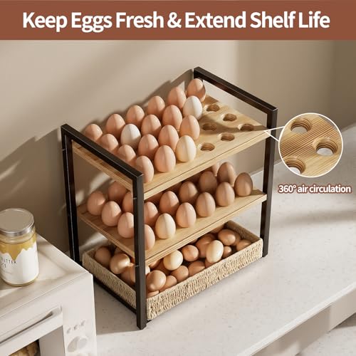 Nuovoware Wooden Egg Holder Countertop, 3-Tier Egg Basket | For 48+60 Eggs, Carry Handle Gathering 100+, Kitchen Storage Home Farmhouse Decor