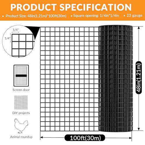 Black PVC Coated Chicken Wire Fencing, 1/4 Inch Mesh, 48 Inch x 100 Foot, 23 GA Welded Wire Hardware Cloth Roll, Heavy Duty Farm & Ranch Garden Border Fence, Poultry Netting, Animal Barrier - size: 48inx100ft 1/4inch