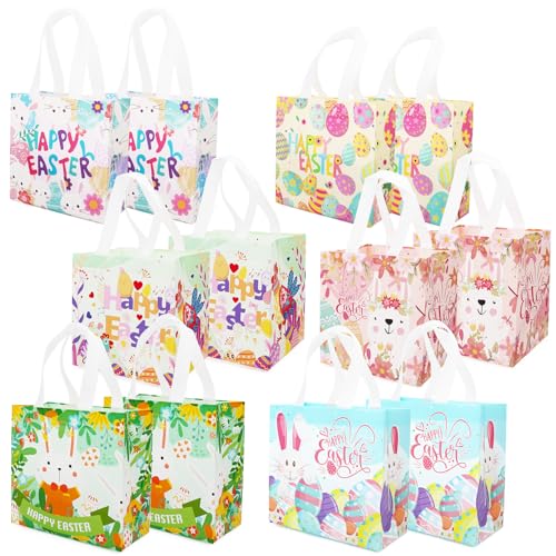 PARSUP 12PCS Happy Easter Egg Hunt Bags, Assorted Sizes, Easter Bunny Carrot Chick Egg Treat Bag with Handles, Non-Woven Gifts Wrapping, Egg Hunt, Spring Party Supplies - color: Pink Blue Yellow Green