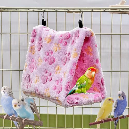2 Pack Bird Nest Plush Snuggle Bird Hammock Hanging Bird Cave Parrot Sleeping Bed Shed Hut Hanging Tent for Budgies Finch Parakeet Cockatiel Cockatoo Lovebird-Foot Pattern (Pink&Purple) - color: Pink&Purple(Foot Print)