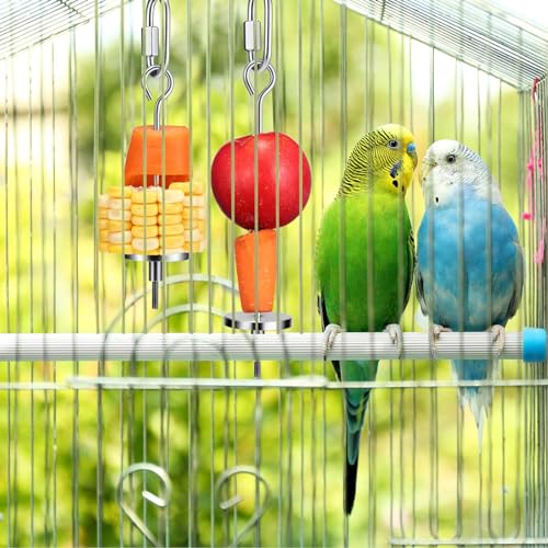 3in1 Bird Skewer Bird Food Holder Stainless Steel Parrot Hanging Vegetable Fruit Feeder Bird Treat Skewer, 2X Fruit Fork +1 Food Basket, Parrot Foraging Toy for Parrots Cockatoo Cockatiel Cage