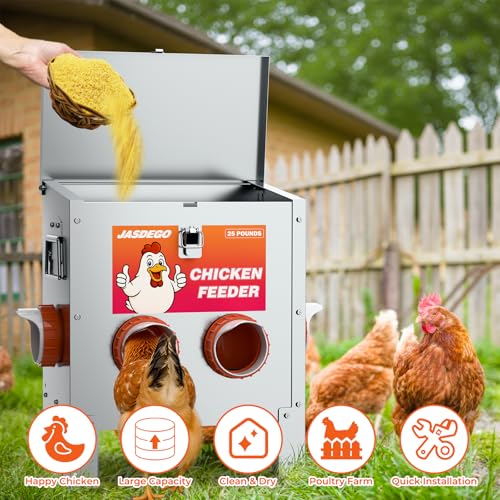 4 Port Automatic Chicken Feeder, No Waste Poultry Feeder with Lid | 25 LBS Large Gravity, Weatherproof Lid, Locking Latch, Convenient Handle, Heavy Duty Automatic Metal Chicken Feeder