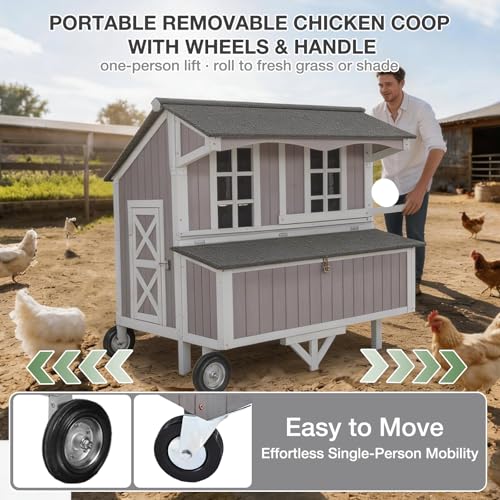 GUTINNEEN Chicken Coop with Large Wheels for 3-6 Chickens, Mobile Wooden Hen House with 3 Nesting Boxes, Removable Tray, Durable Outdoor Duck Coop Rabbit Hutch - size: 48.6"L x 41.0"W x 51.2"H