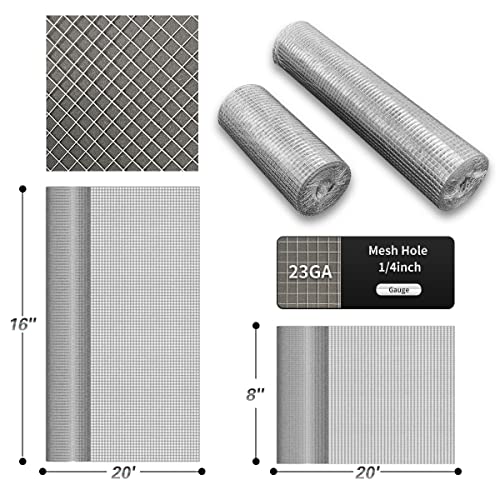 Hardware Cloth 8'' x 20' 1/4 in Galvanized Wire Mesh Roll (23 GA) Chicken Wire Fence Roll for Chicken Pen/coop Fences, Screen mesh, Rabbit/Snake Fences, Poultry enclosures, Handicraft Making, etc. - size: 8In x 20Ft